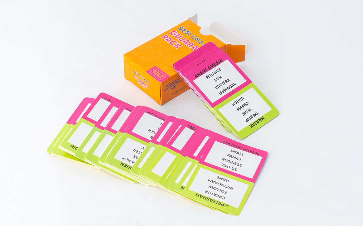 Desi Chaat Gujarati Pack box open with word cards fanned out in front of it